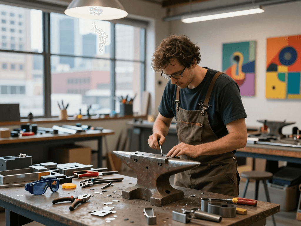 Artisan menggunakan martil4d di bengkel urban yang kreatif dan modern.