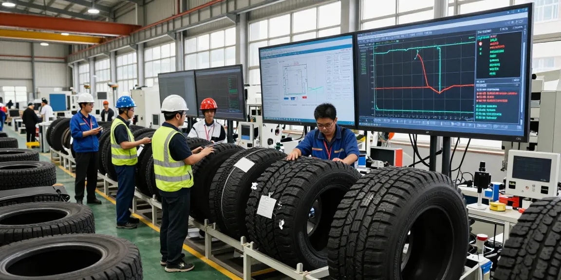 Team of tire engineers reviewing RR99 specifications in a modern factory.