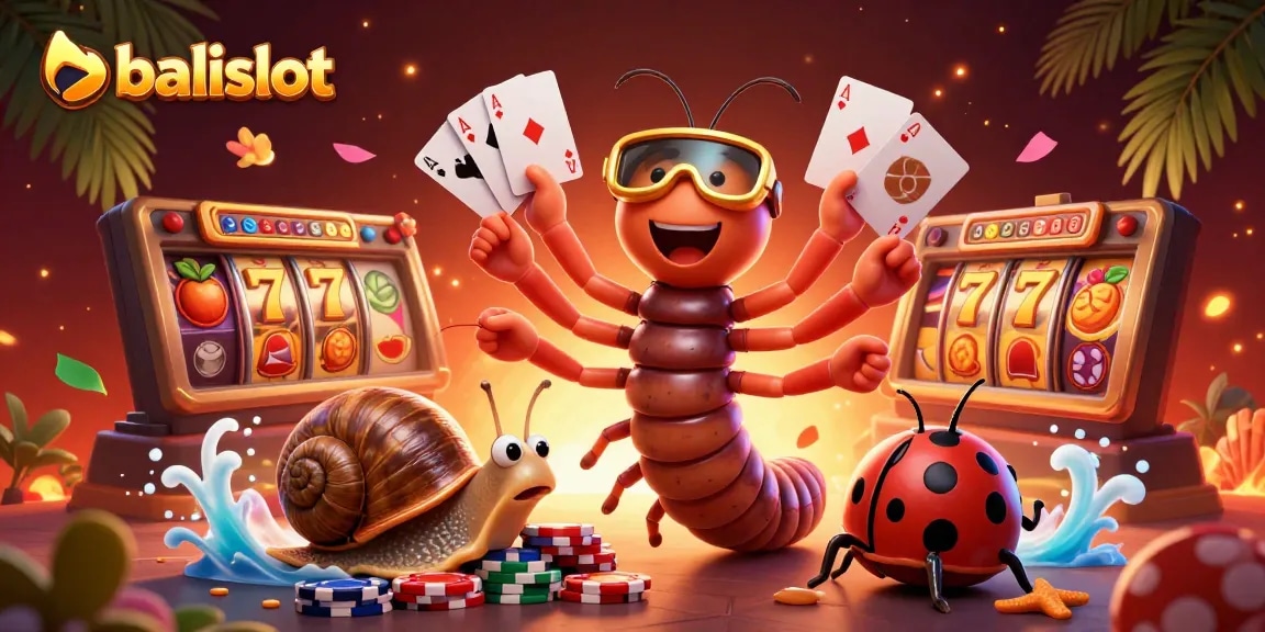 Menangkan slot gacor di balislot dengan dealer kartun milipede dan karakter unik yang berlatar belakang kasino cerah.