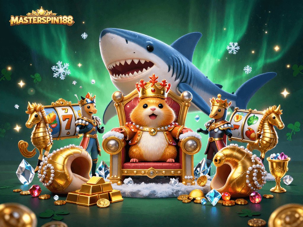 Play slots with MASTERSPIN188 and join the golden treasures in this vibrant casino scene.