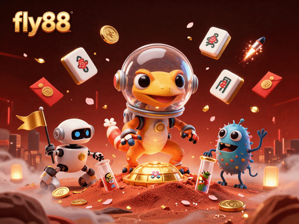 Experience the excitement of fly88's golden casino discovery with a Martian gecko in an engaging 3D scene.