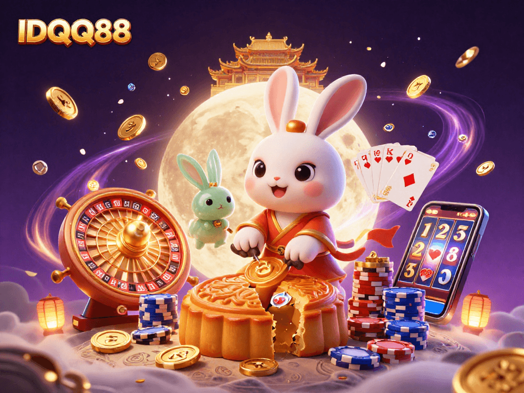 IDQQ88 features a colorful scene with a moon rabbit and casino elements including poker chips and golden coins.