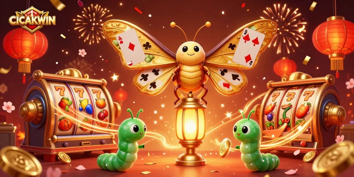 Experience exciting winnings with the dynamic CICAKWIN casino scene featuring a golden atlas moth and vibrant slot elements.