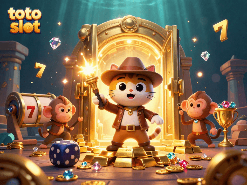 Explore the thrilling world of toto slot in this vibrant 3D casino illustration featuring exciting elements like slot reels, golden treasures, and daring characters.