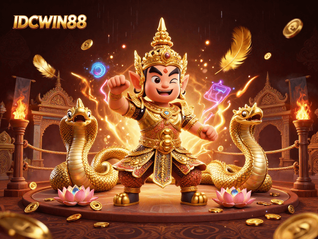 Experience thrilling gameplay and high RTP with IDCWIN88's dynamic online casino scene featuring golden elements.
