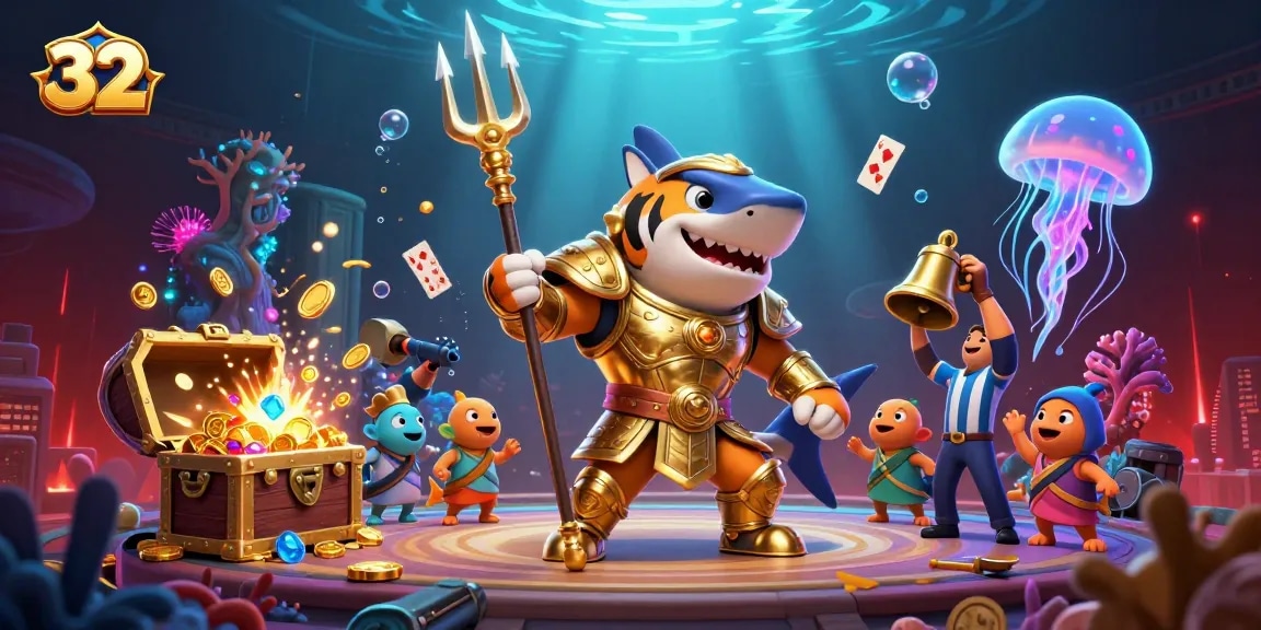 Experience thrilling wins at 32win with a vibrant underwater casino scene showcasing a fierce golden shark and lively game elements.