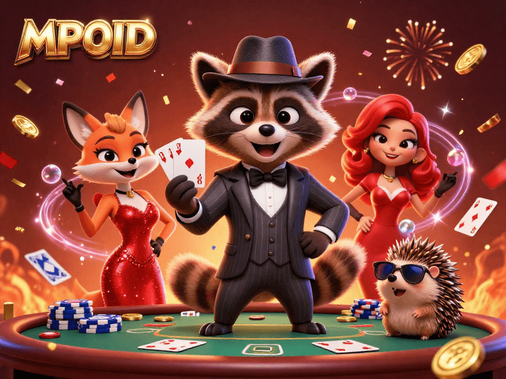 MPOID's engaging poker scene illustrates a raccoon, fox, and hedgehog celebrating wins with wild excitement.