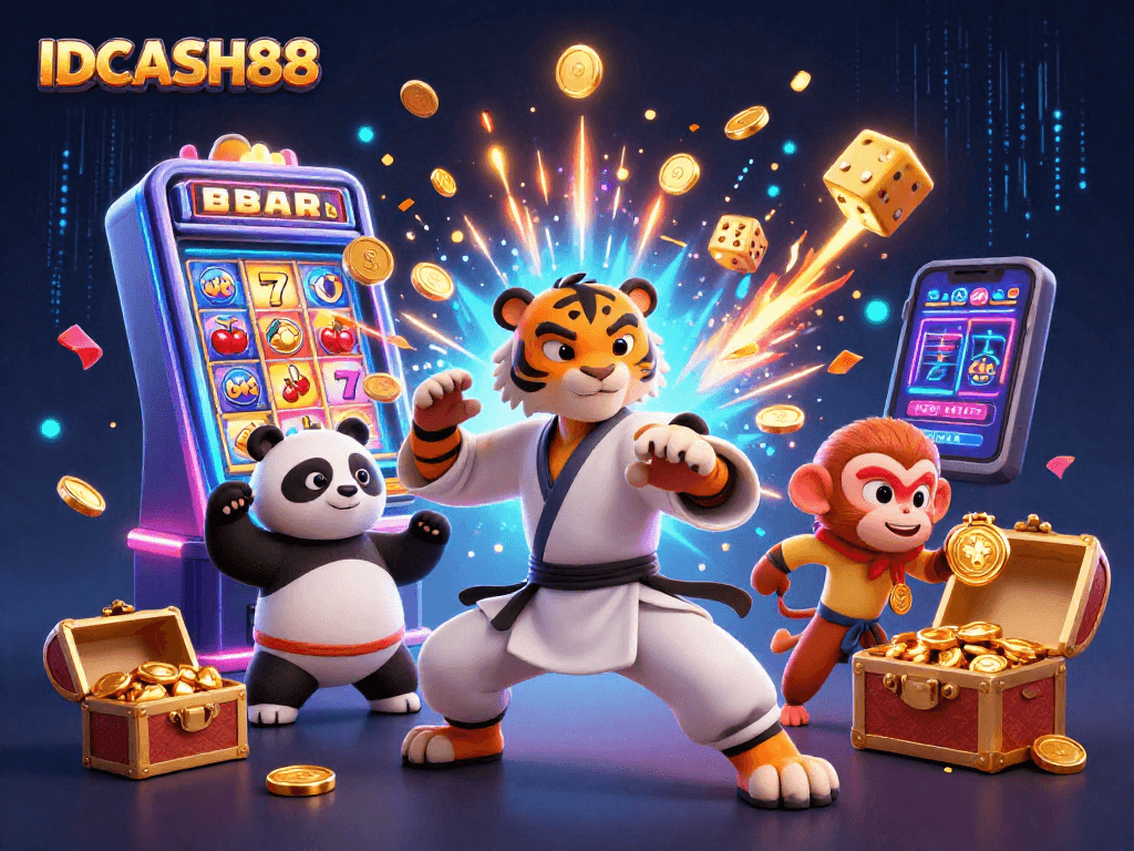 Win big with IDCASH88 as a kung fu tiger and students celebrate at a vibrant casino scene.