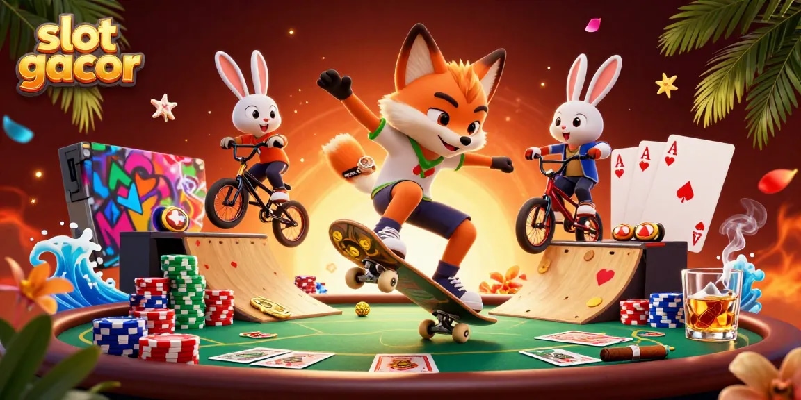 Slot gacor menampilkan rubah skateboard melakukan kickflip di chip poker, suasana kasino menyenangkan.