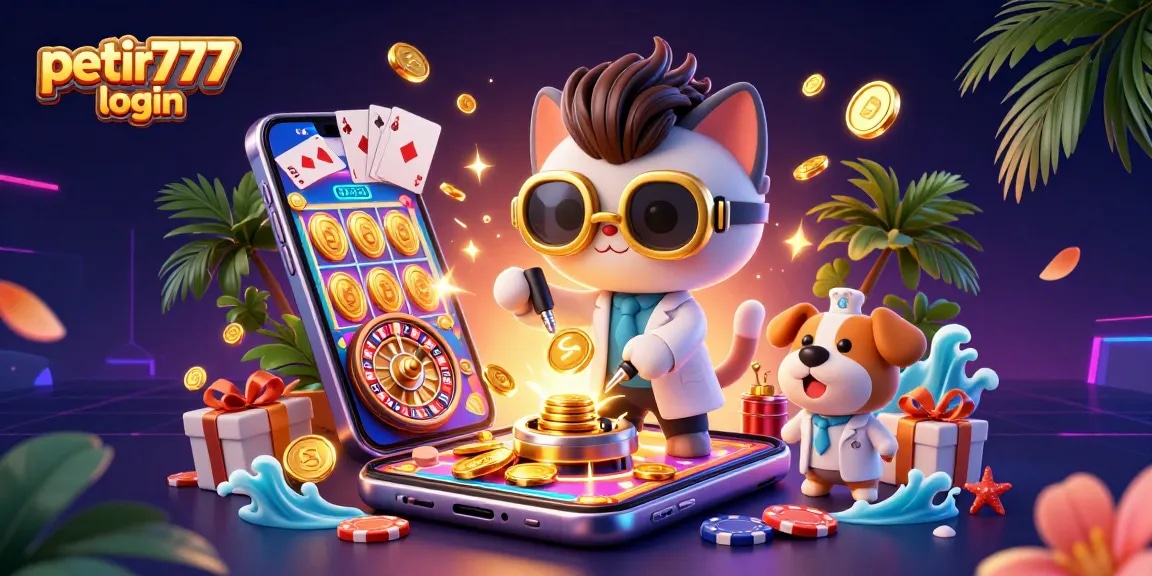 Engage with the thrilling petir777 login experience, featuring a mad scientist cat and dog amidst gold coins and vibrant casino elements.