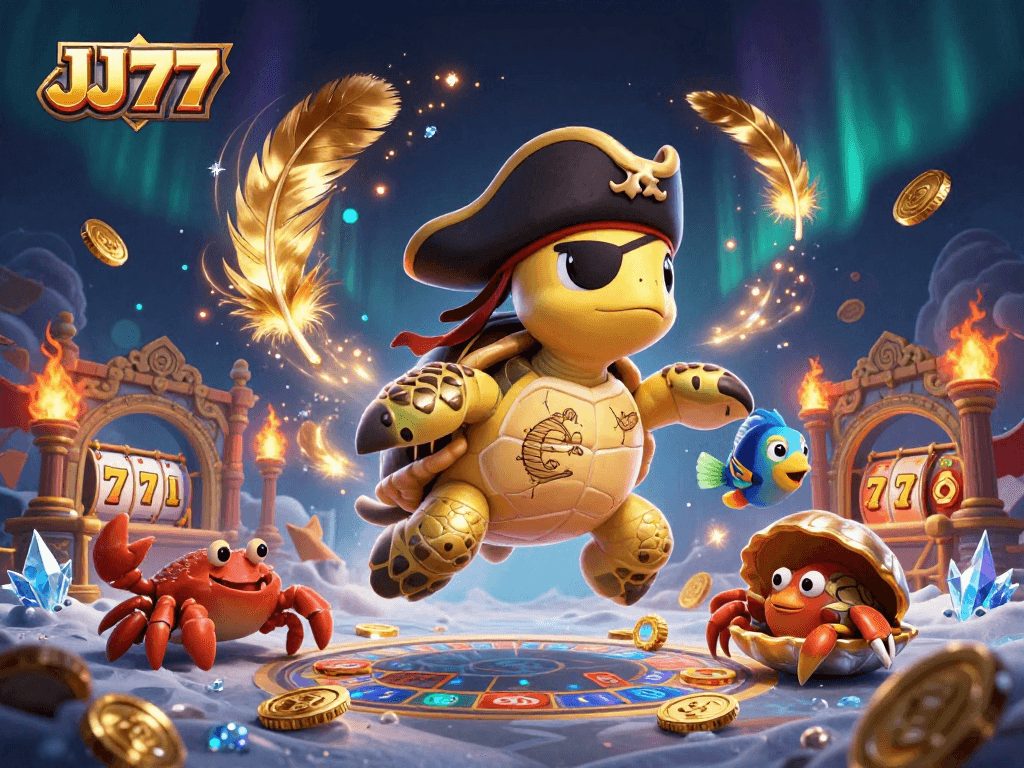Experience the excitement of JJ77 slots with vibrant characters above sunken treasure.