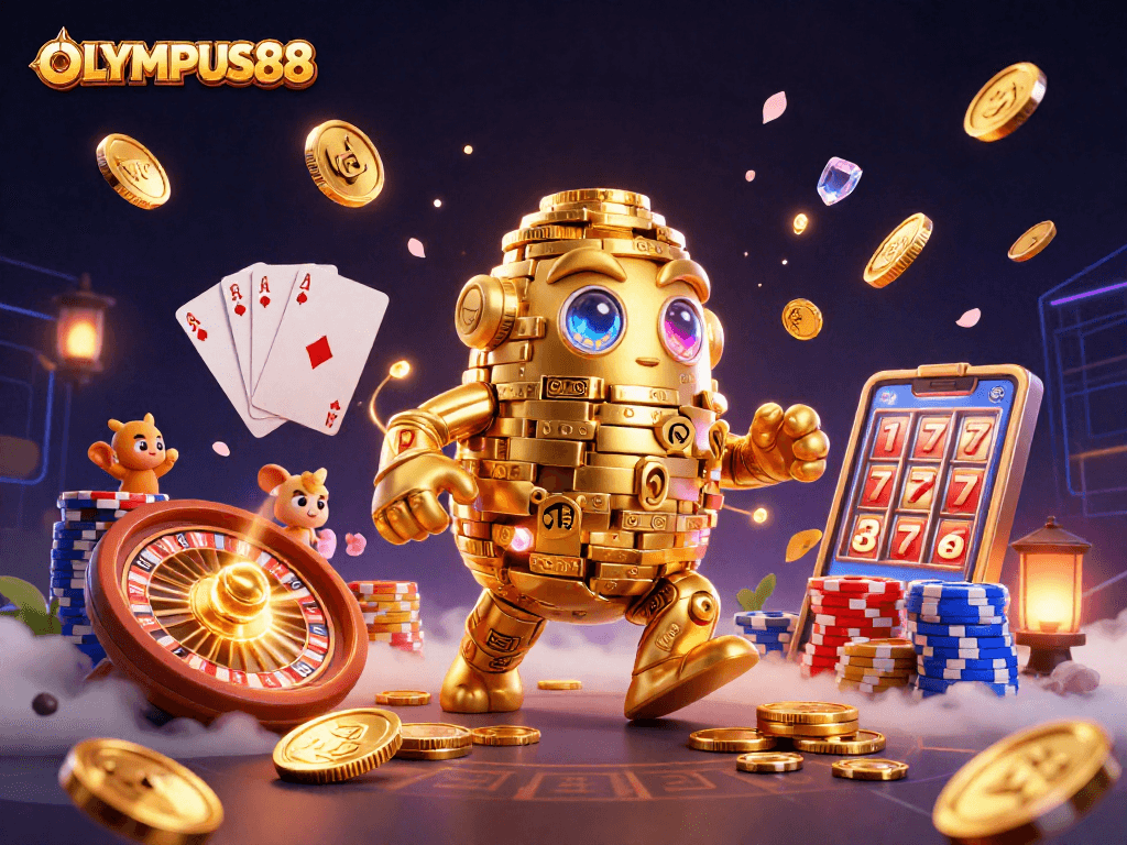 Engage with OLYMPUS88's thrilling experience featuring golden golem and slot symbols amidst falling coins.