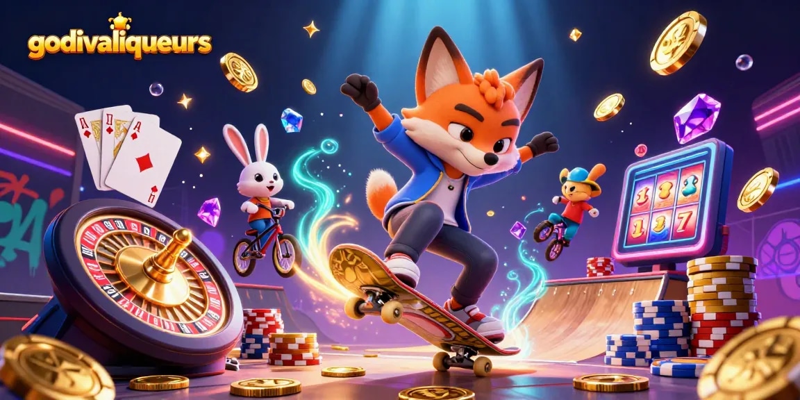 Win big with godivaliqueurs in a vibrant, dynamic casino-themed 3D illustration.