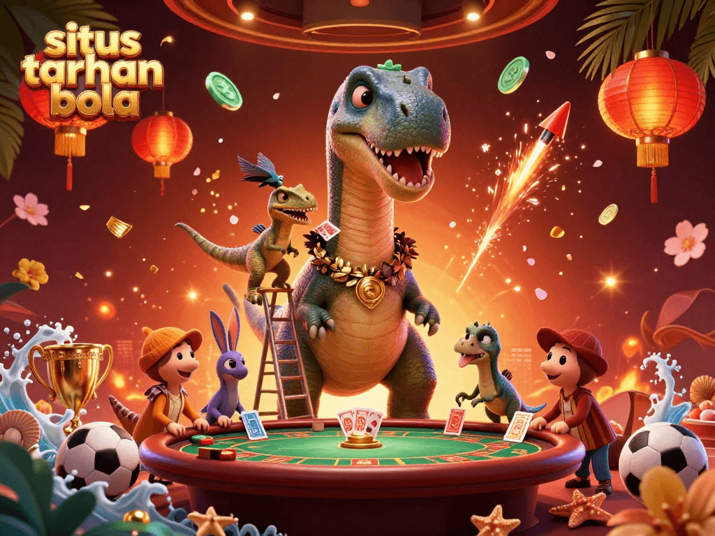 Experience situs taruhan bola with a brontosaurus and clever raptor surrounded by vibrant sports betting elements.