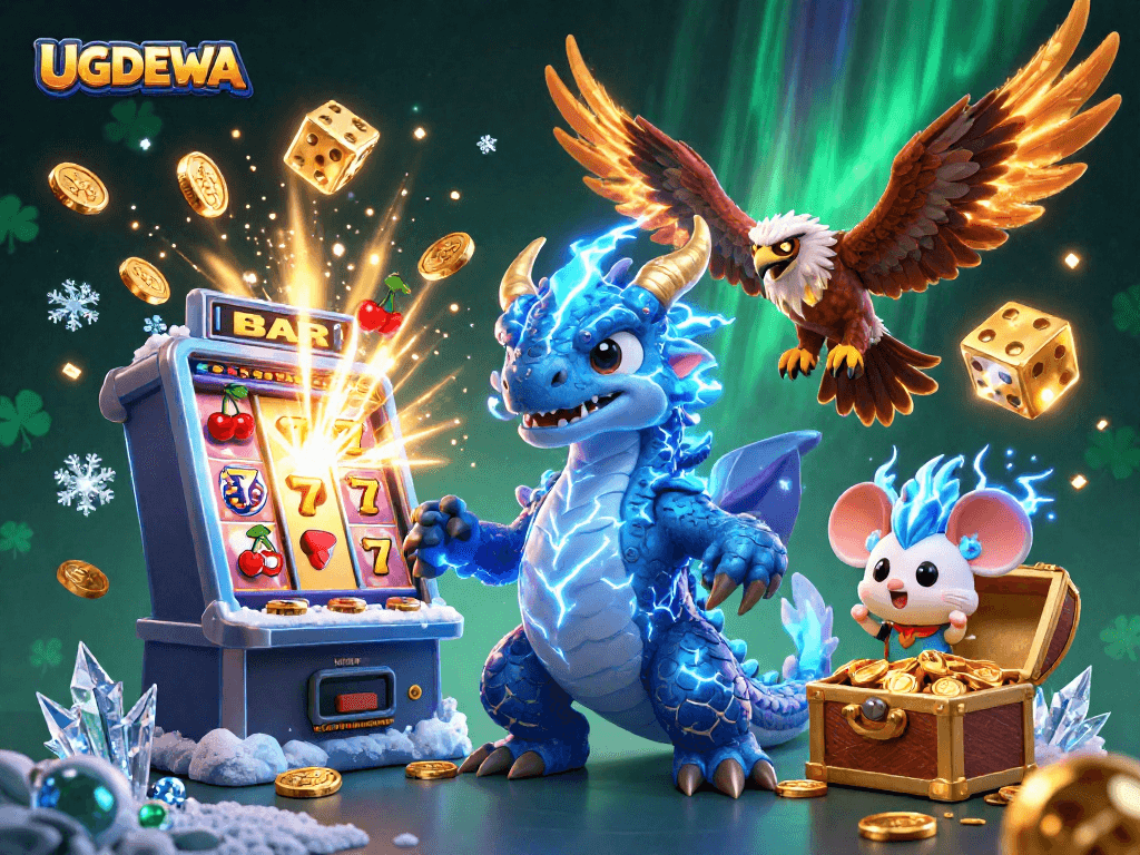 Engage with UGDEWA's thrilling gameplay through a vivid 3D casino illustration depicting dynamic casino elements.