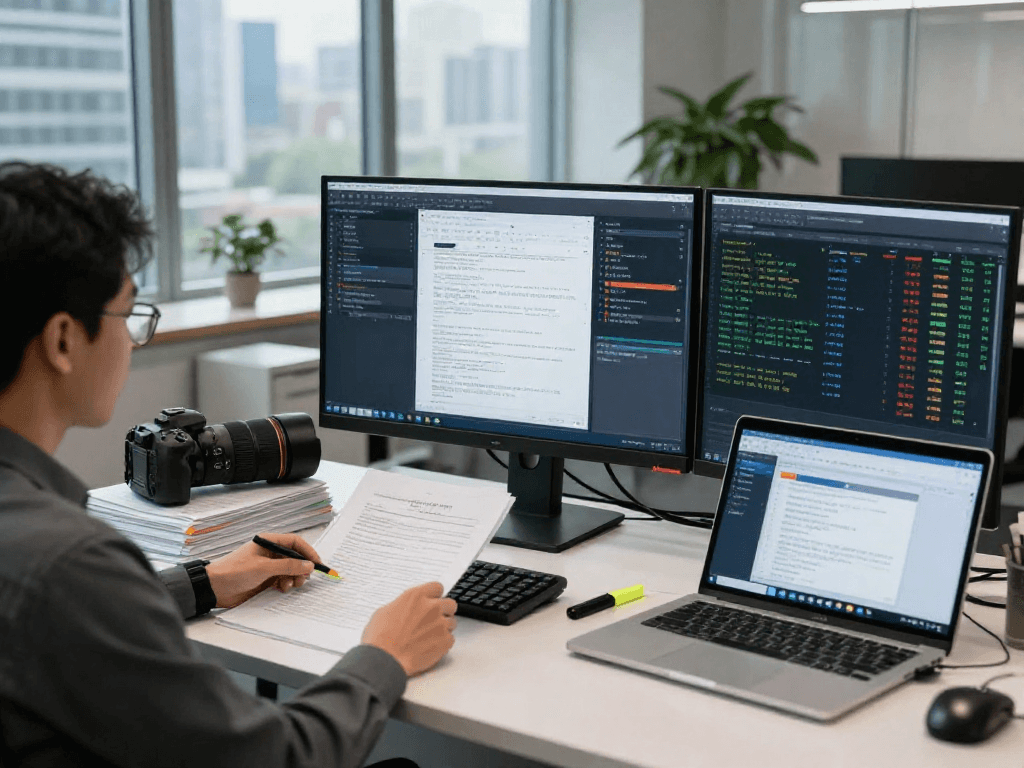 Document fraud detection analysis in a modern office setting with an analyst reviewing digital documents and advanced forensic software.