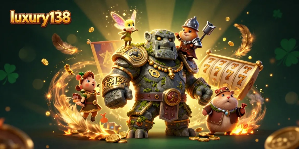 Experience the excitement of luxury138 with a 3D scene of a magical golem and companion amidst gold coins and slot reels.