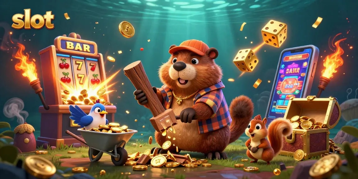 Experience thrilling slot action with a cartoon beaver, bird, and squirrel amidst gold coins.