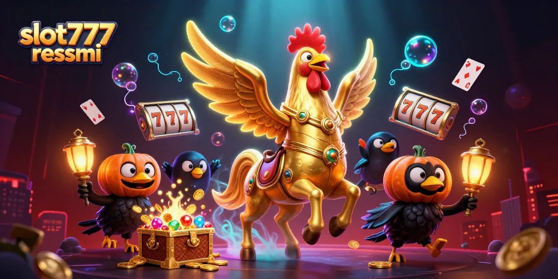 Experience excitement with slot777 resmi as golden rooster rides through a lively casino scene.