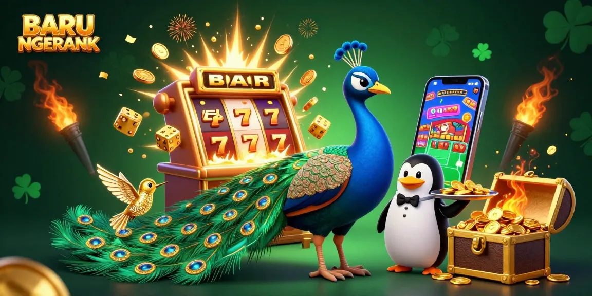 Experience fun gaming with BARU NGERANK in this vibrant 3D casino illustration packed with slot machine action.