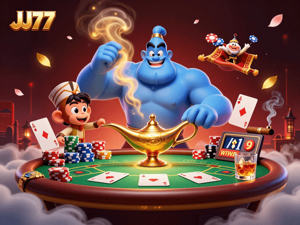 Experience thrilling gameplay with JJ77's vibrant poker scene and magical elements.
