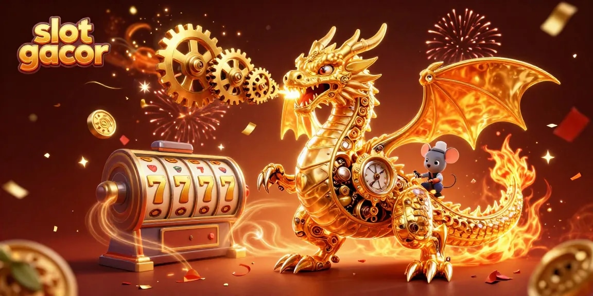 Permainan slot gacor dengan dragon emas dan efek koin berkilau mengelilinginya.