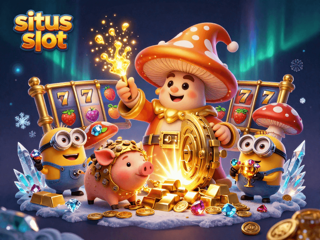 Experience situs slot excitement with a golden mushroom wizard and treasure-filled scene.