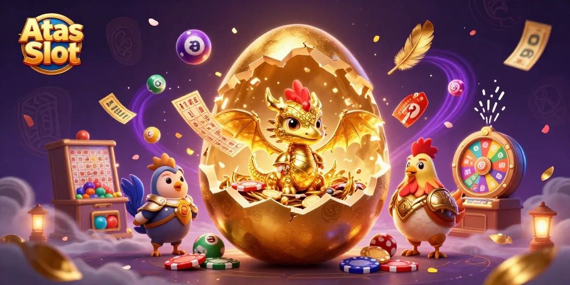 Engage with Atas Slot's vibrant gaming scene featuring golden game elements and dynamic characters.