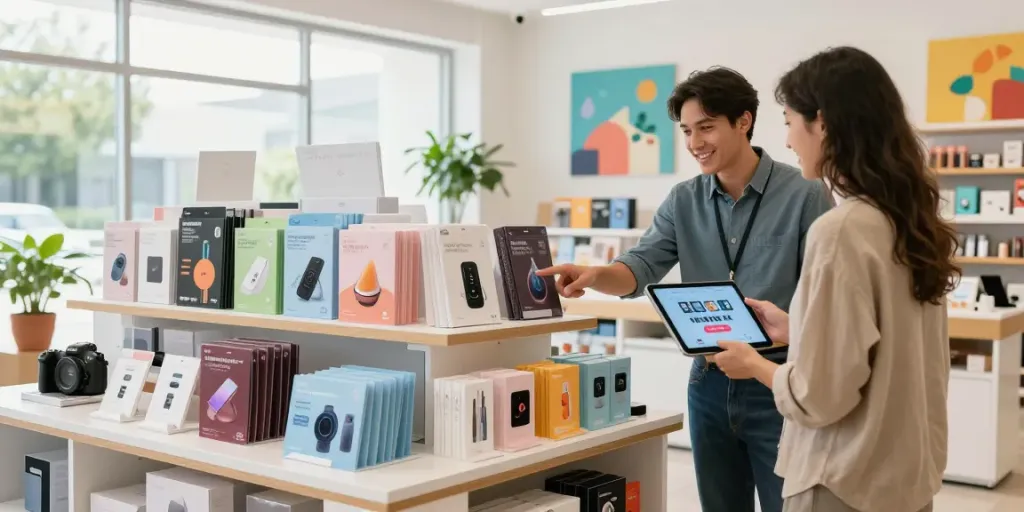 Engaging retail scene displaying diverse products while a shop assistant assists a customer, highlighting the keyword Produk.