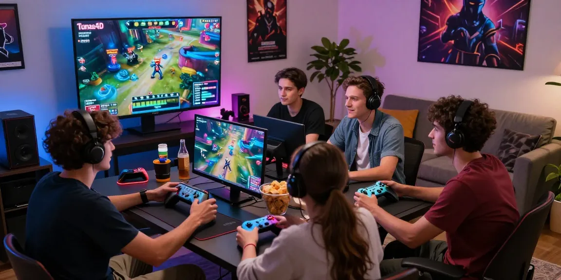A lively gaming session showcasing friends enjoying Tunas4D with snacks and colorful consoles in a cozy living room.