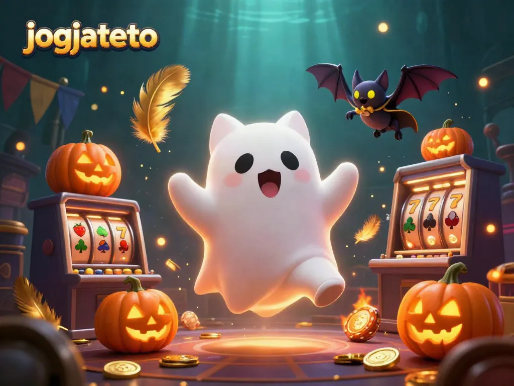 Engage in thrilling gameplay with jogjatoto as a friendly ghost cat haunts a vibrant casino scene.