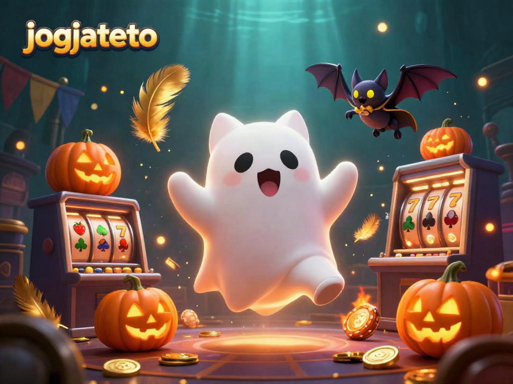 Engage in thrilling gameplay with jogjatoto as a friendly ghost cat haunts a vibrant casino scene.