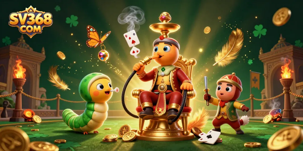 Engage with SV368 COM's lively 3D casino scene showcasing poker hand symbols amidst rich visual elements.