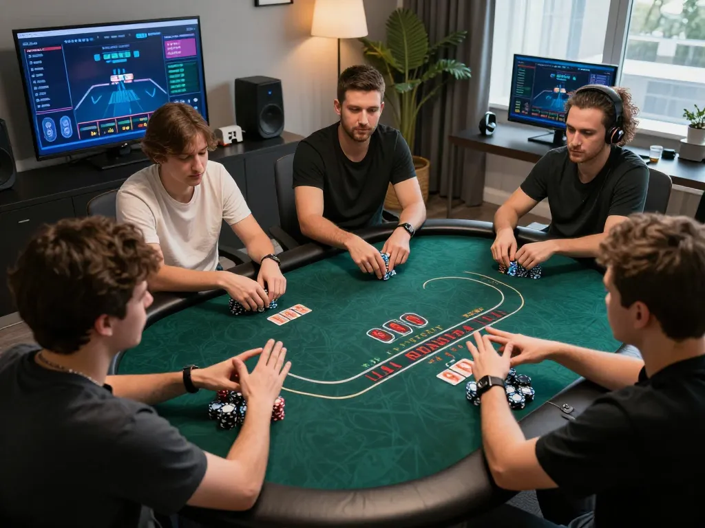 Engaging online poker session on GAWANG69 daftar, showcasing players with strategic hand gestures in action