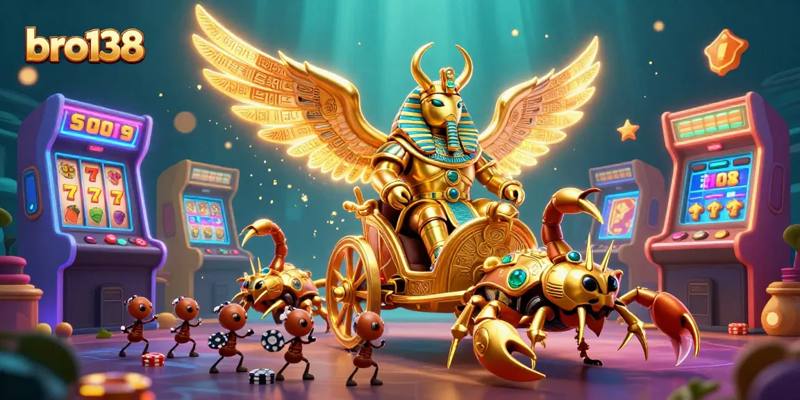 Engage with bro138's vibrant casino scene featuring a golden scarab and slot games.