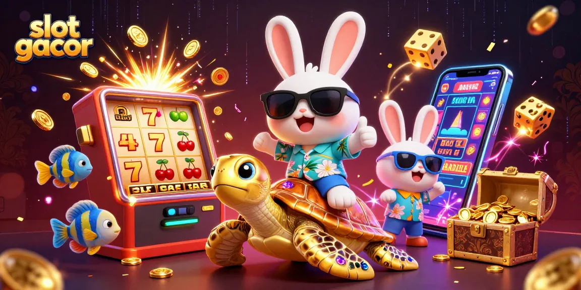 Experience slot gacor excitement with a lucky rabbit and golden turtle in this vibrant casino scene.
