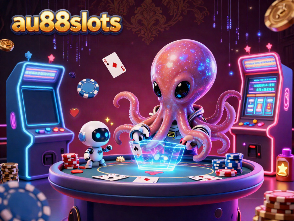 Experience thrilling gameplay with the alien octopus at au88slots poker table, vibrant casino atmosphere