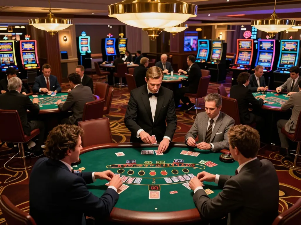 Players enjoy situs gacor blackjack at a bustling casino floor, creating an exciting gaming atmosphere.