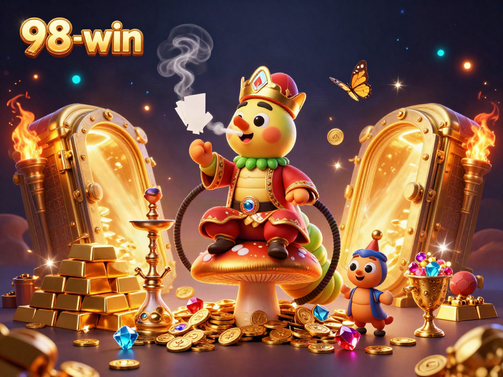 Engage with the vibrant 98-win gaming atmosphere featuring a lavish 3D caterpillar hookah-master.