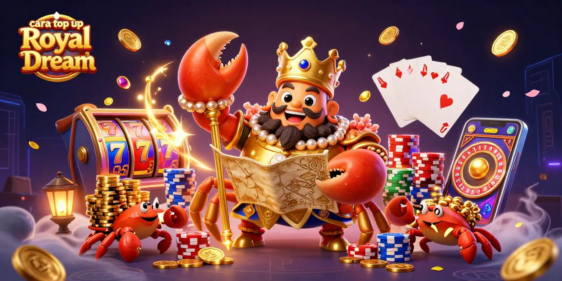 Experience cara top up Royal Dream with a captivating 3D illustration of a golden crab emperor surrounded by sparkling symbols.