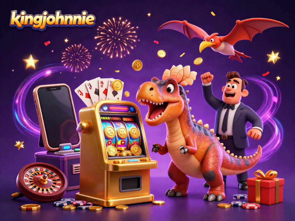 Experience kingjohnnie's exciting slot action as pachycephalosaurus celebrates jackpots amid casino chaos.