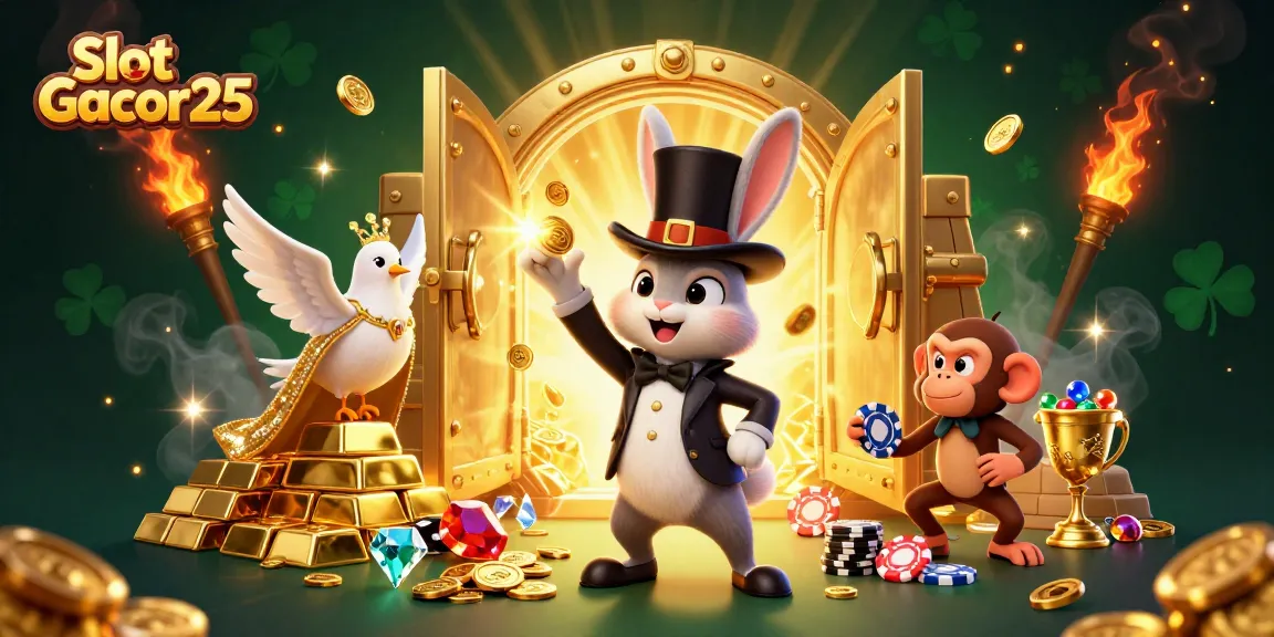 Slot Gacor25 menghibur pemain dengan ilustrasi 3D mendebarkan dari karakter kasino, uang emas, dan efek sihir
