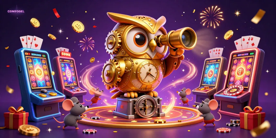 Engage with CONGTOGEL's dynamic casino scene featuring a clockwork owl and playful elements.