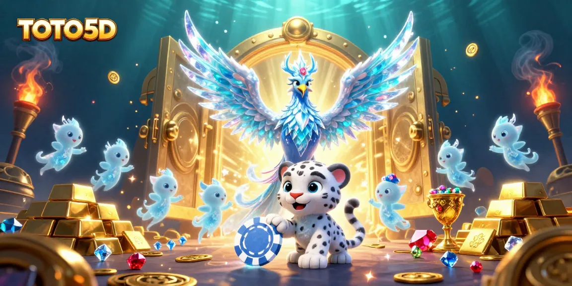 Menangkan TOTO5D dengan ilustrasi kasino penuh warna menunjukkan phoenix es dan chip poker di tengah emas.