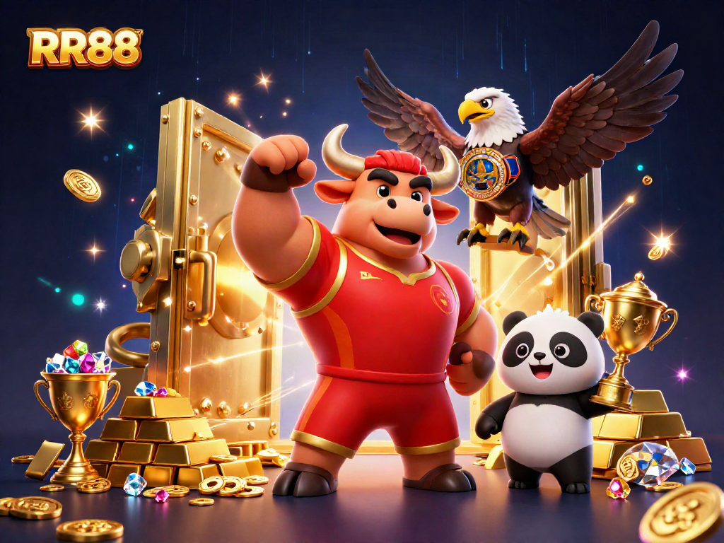 Experience thrills at RR88 with a dynamic casino scene featuring a bull mascot, eagle, and panda celebrating wins.