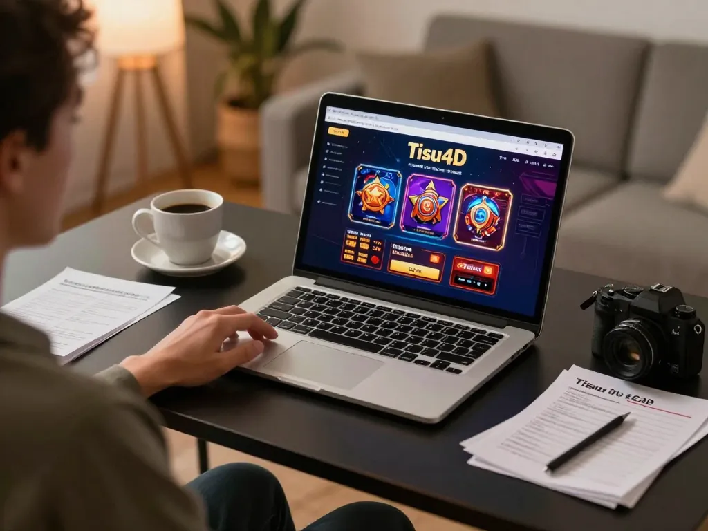 Pemain yang terlibat menikmati permainan slot online Tisu4D di rumah dengan laptop dan catatan strategi