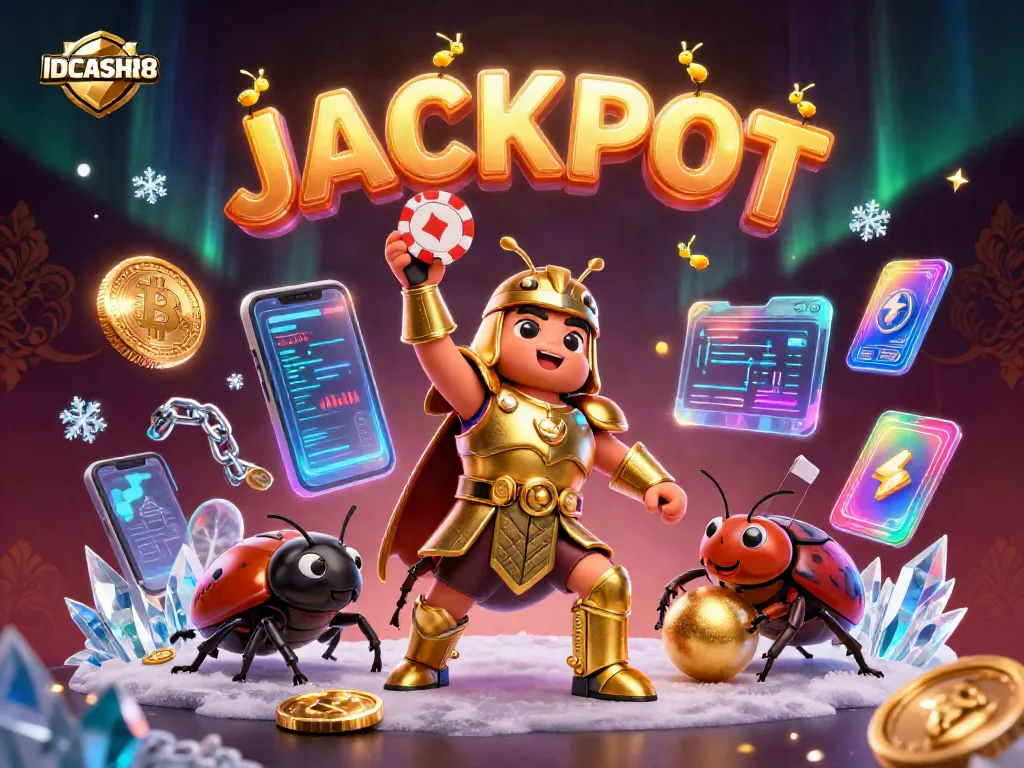 Engage with IDCASH88's lottery experience through a dynamic 3D illustration featuring a victorious beetle and glowing crypto elements.