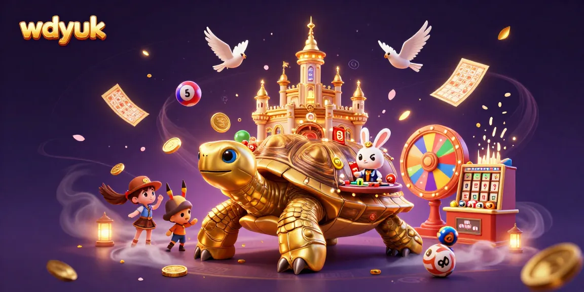 Engaging wdyuk scene with a colorful casino turtle, rabbit dealer, and lottery elements.