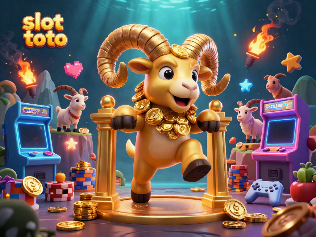 Experience the excitement of slot toto with a charging golden ram amidst colorful arcade elements and coin stacks.
