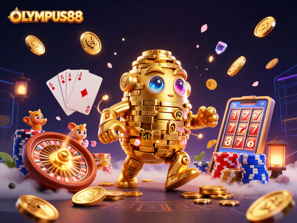 Engage with OLYMPUS88's thrilling experience featuring golden golem and slot symbols amidst falling coins.